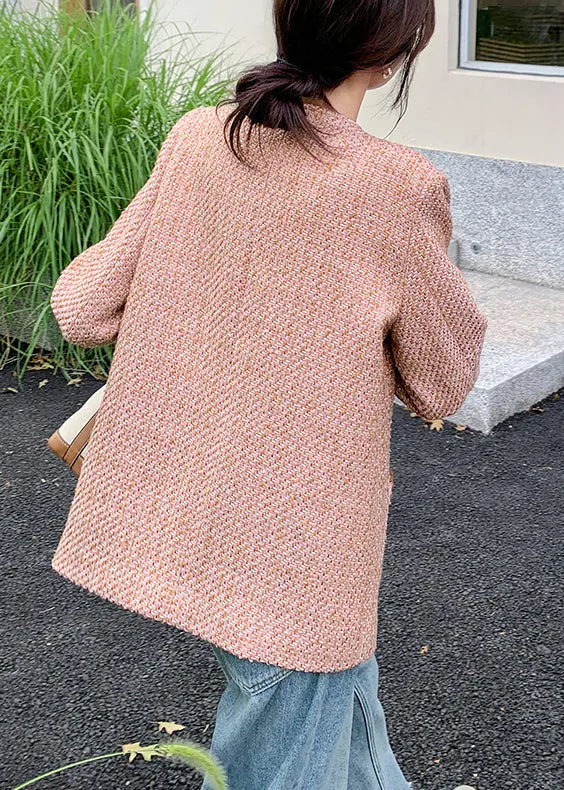 Pink O Neck Button Pockets Coat Fall