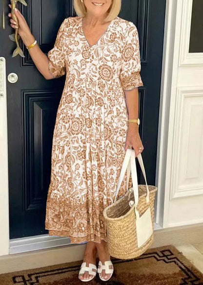 Blue V Neck Print Wrinkled Cotton Dress Summer