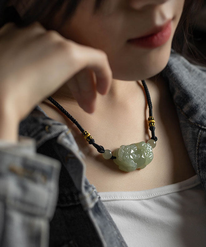 Fine Green Jade a Mythical Wild Animal Pendant Necklace
