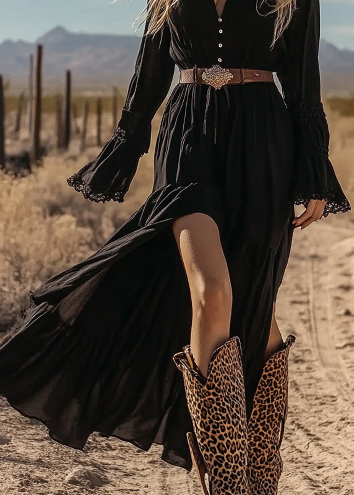 New Black V Neck Wrinkled Patchwork Cotton Long Dresses Fall
