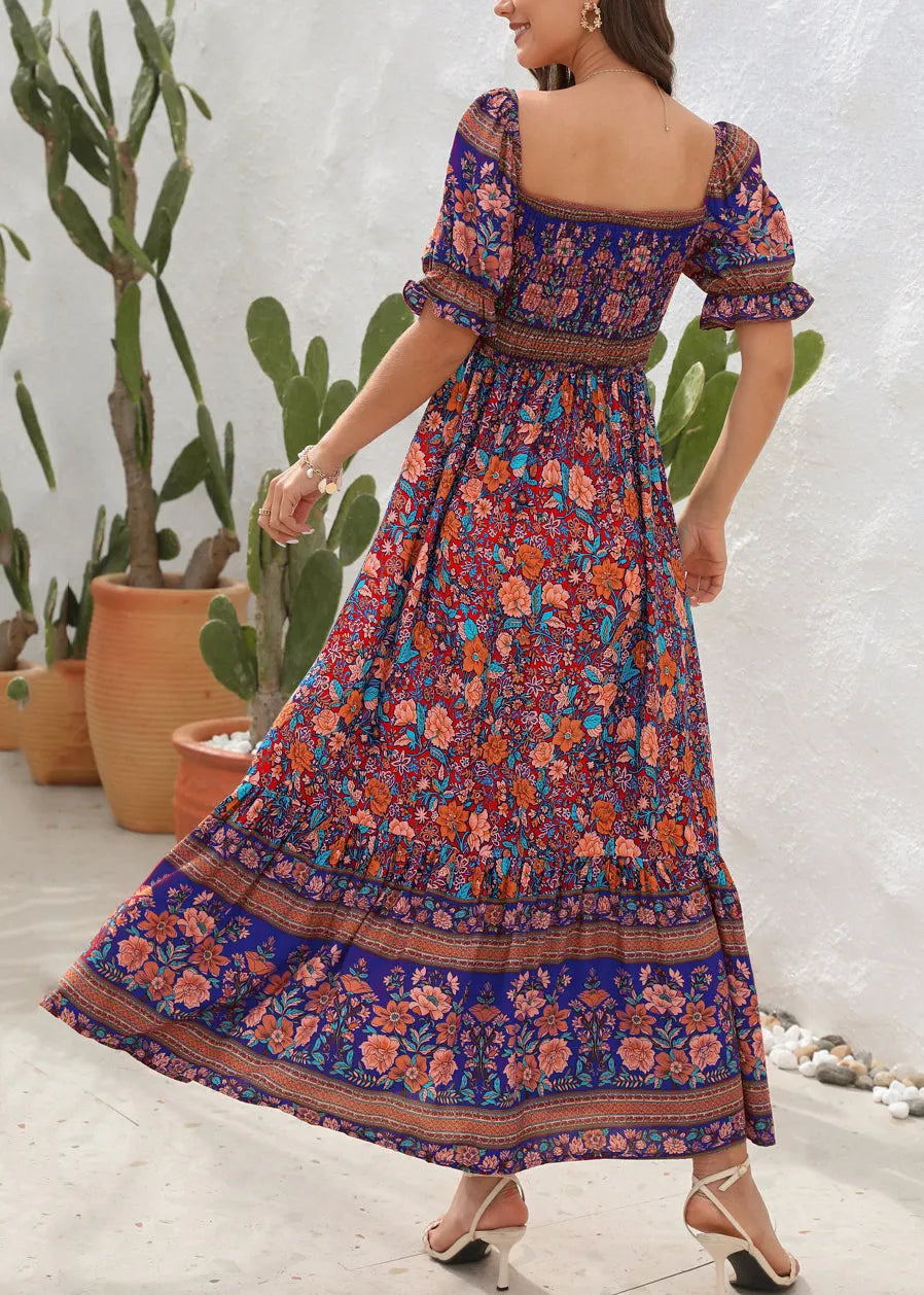 Cold Shoulder Print Wrinkled Cotton Long Dress Summer