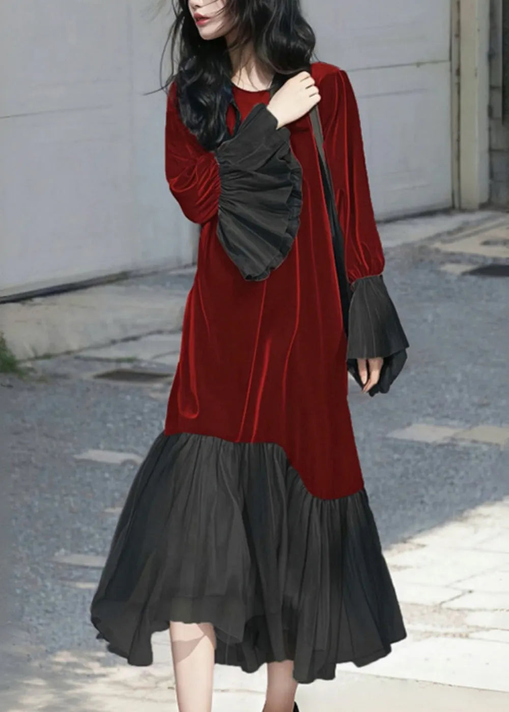French Red O-neck Patchwork Silk Velvet Long Dress Flare Sleeve