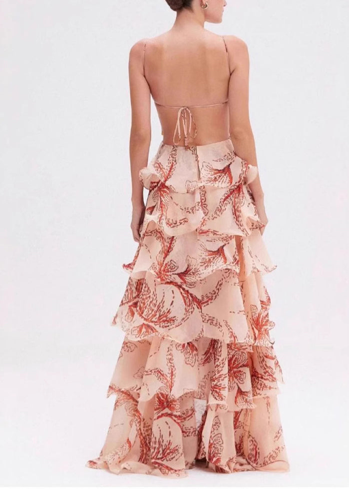 Italian Ruffled Backless Chiffon Spaghetti Strap Dresses Summer