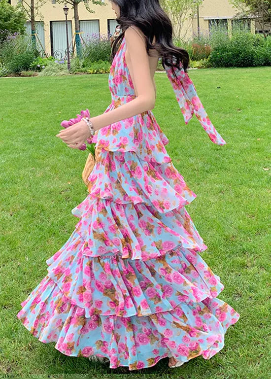 Print Ruffled Halter Backless Beach Dress Summer