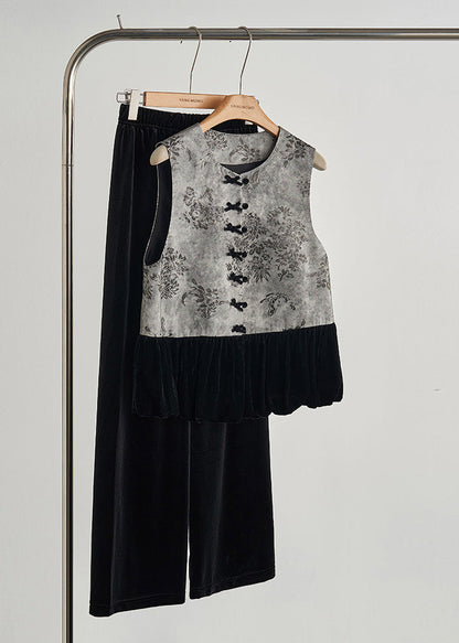 Grey Print Patchwork Silk Velour Vests Fall