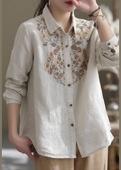 Beige Peter Pan Collar Embroidered Linen Top Spring