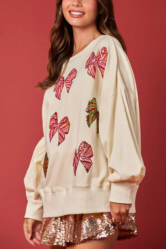 Christmas Bow Sequin Loose Casual Long-Sleeve Sweatshirt