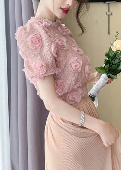 Pink Hollow Out Knit Top Summer