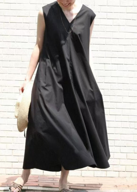 Organic Black V Neck Exra Large Hem Cotton Long Dress Sleeveless