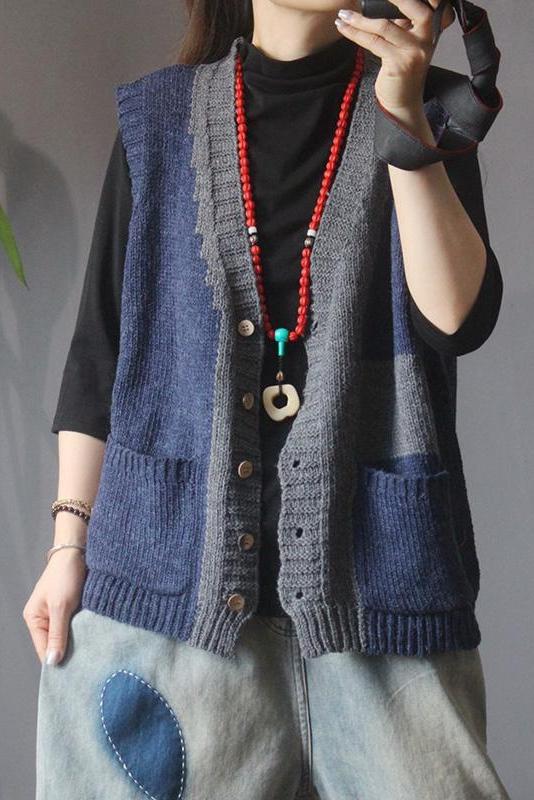 Retro Knitted Color Contrast Sleeveless Sweater Coat