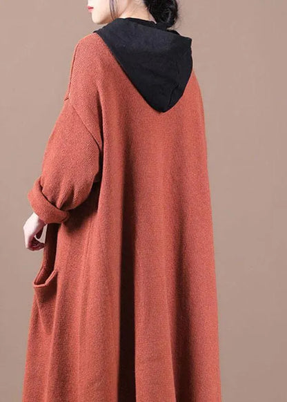 Orange Red Pockets Fall Long Knit Coat