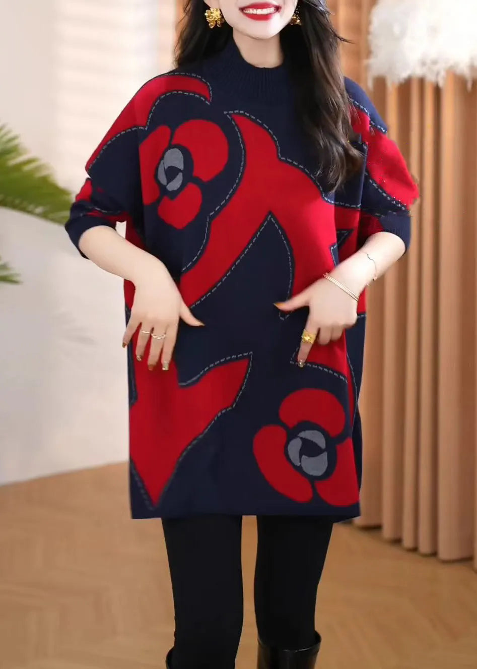 Jacquard Red Turtleneck Cozy Knit Sweaters Winter
