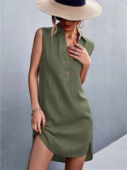 Color V-neck Lapel Button Single-breasted Sleeveless Undershirt Open Cotton Linen Irregular Dress Dress