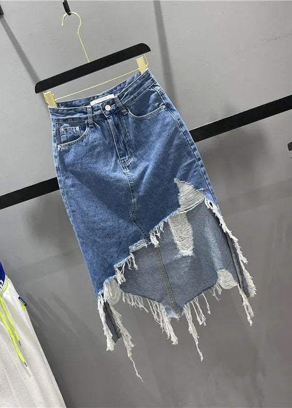 Blue Asymmetrical Pockets Tassel Hole Denim Skirts