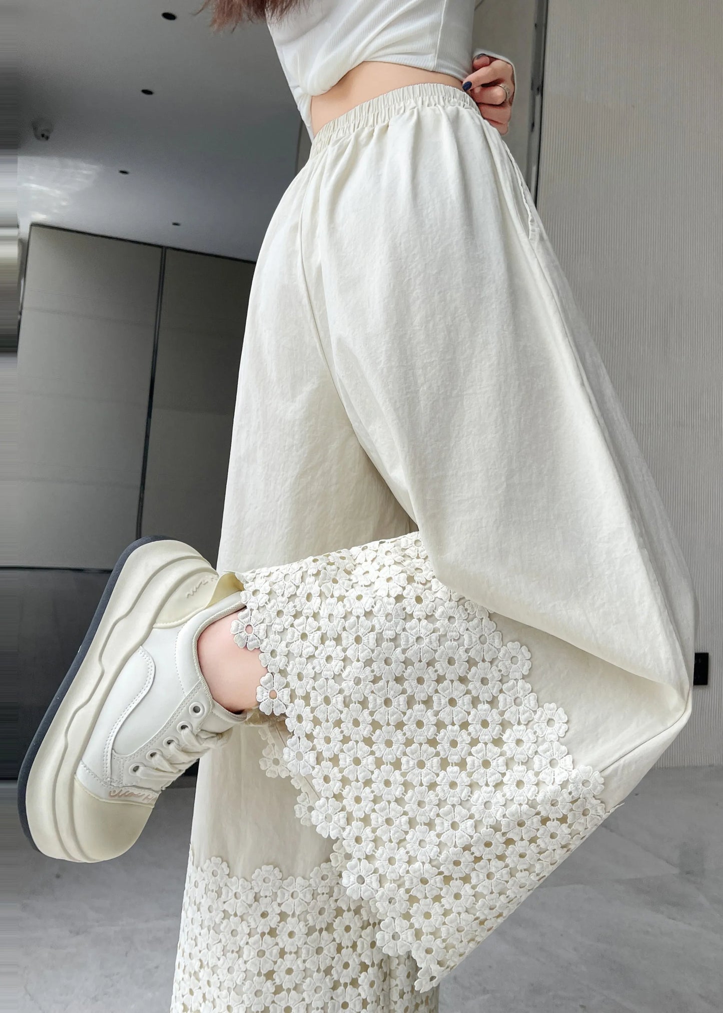 White Embroidered Patchwork Cotton Pants Fall