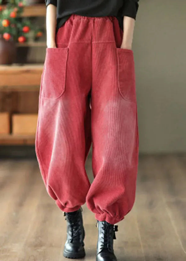 Red Elastic Waist Pockets Warm Fleece Corduroy Harem Pants Winter