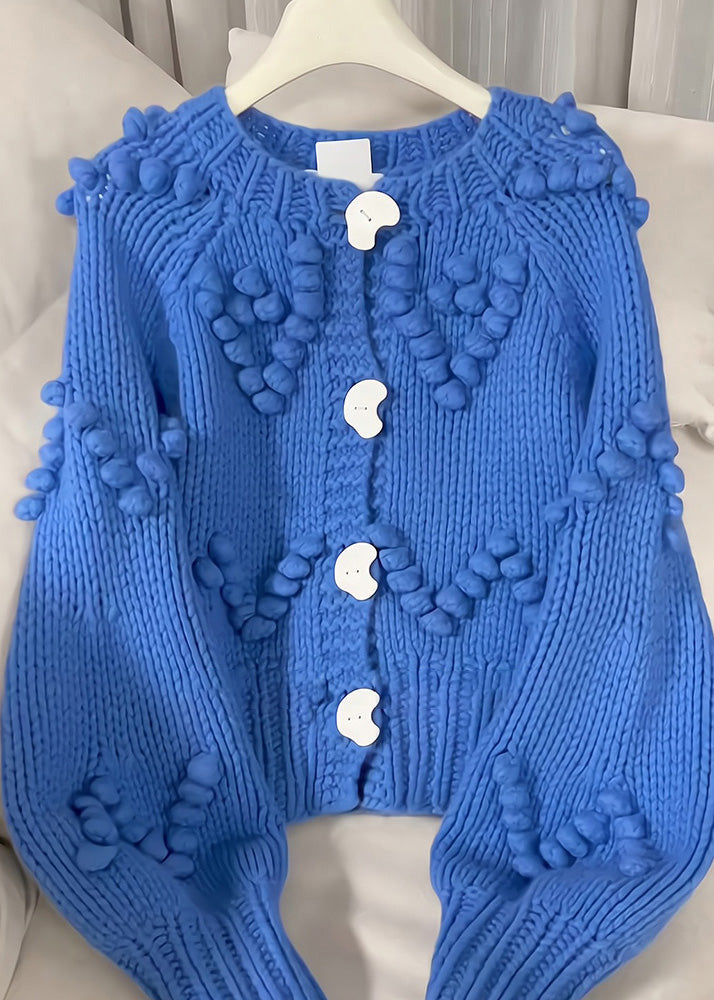 Blue O-neck Button Cotton Knit Cardigan Fall
