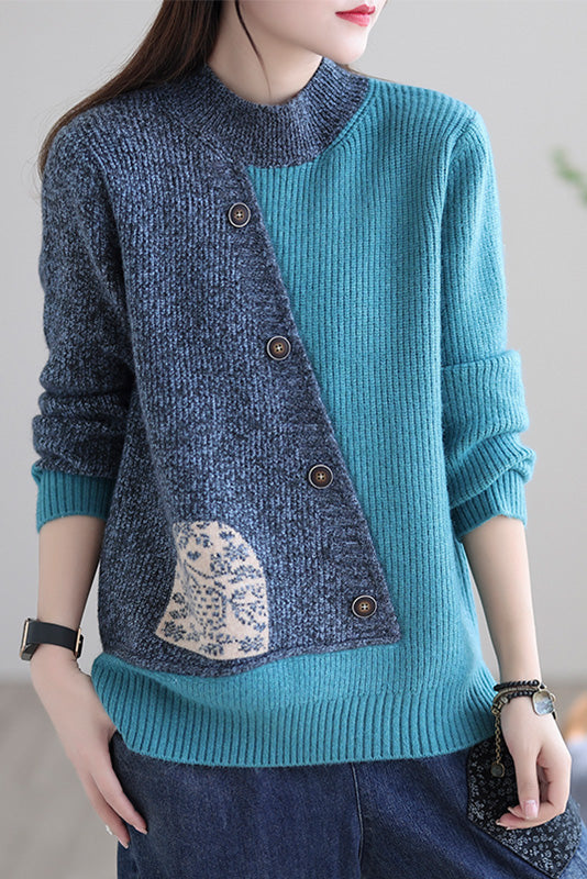 -retro Loose Sweater Turtleneck Stitching Sweater