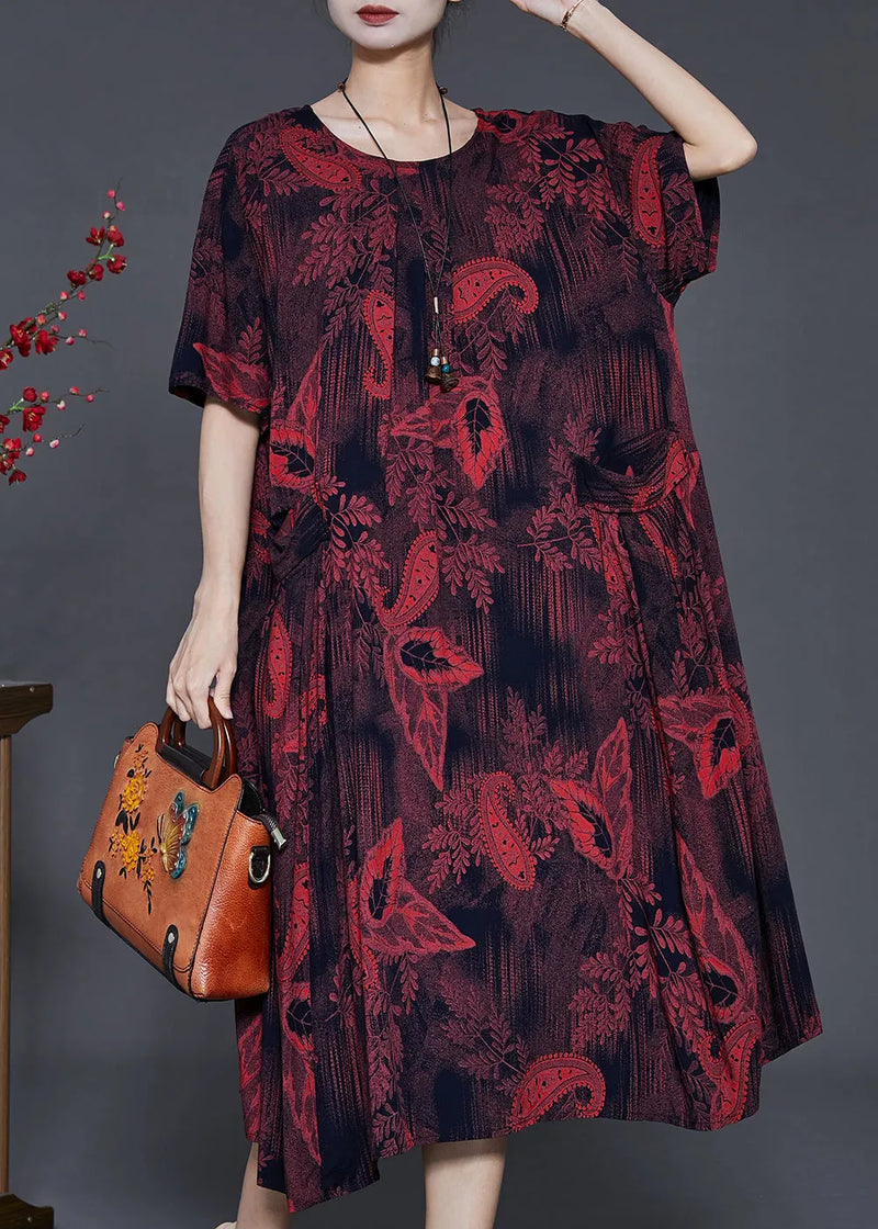 Classy Dull Red Print Pockets Cotton Long Dress Summer