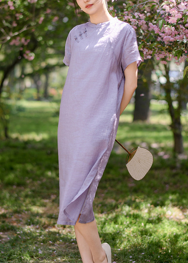 Yellow Oriental Button Linen Dresses Summer