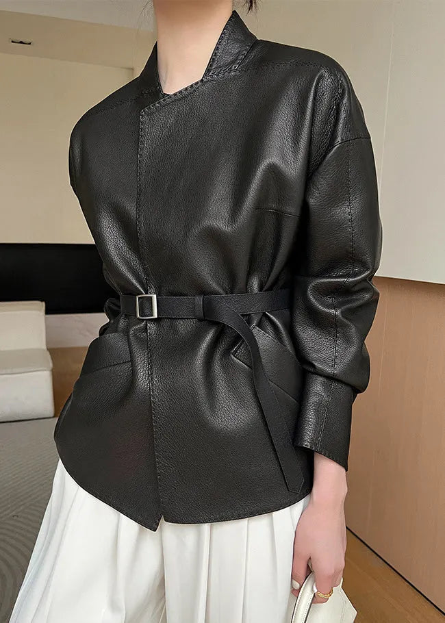 French Black Pockets Sashes Faux Leather Coats Spring
