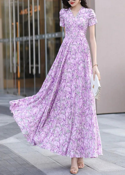 Purple V Neck Print Wrinkled Chiffon Dress Summer