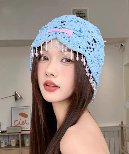 Blue Tassel Hollow Out Knit Boonie Hat