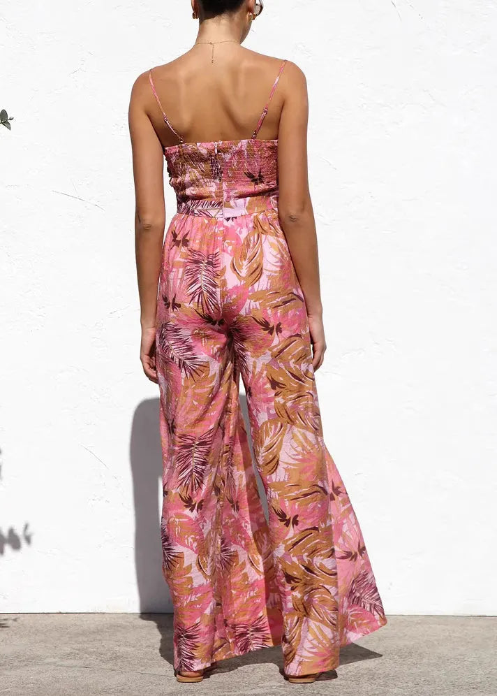Red Print Cotton Spaghetti Strap Jumpsuit Summer
