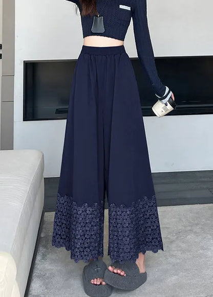 Navy Embroidered Cotton Crop Pants Fall