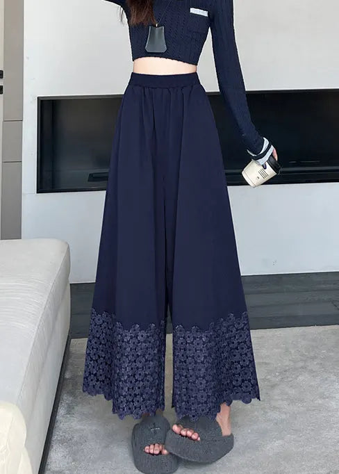 Navy Embroidered Cotton Crop Pants Fall