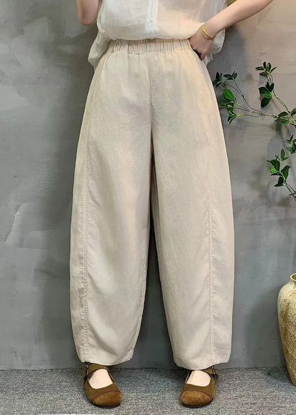 White Oversized Elastic Waist Linen Pants Summer
