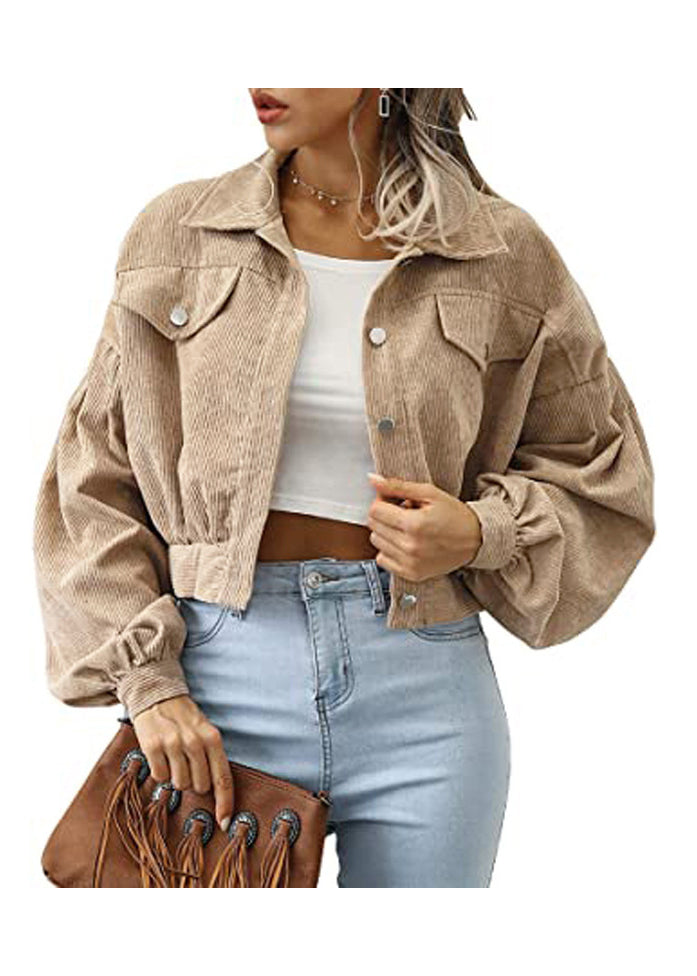 Light Camel Peter Pan Collar Corduroy Short Coat Fall
