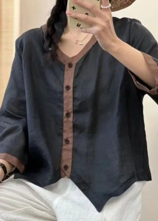 Green V Neck Asymmetrical Patchwork Linen Shirt Summer