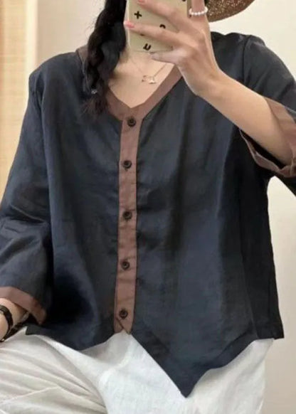 Green V Neck Asymmetrical Patchwork Linen Shirt Summer