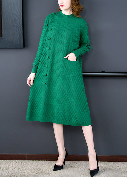 Loose Green Pockets Woolen Sweater Dress Winter