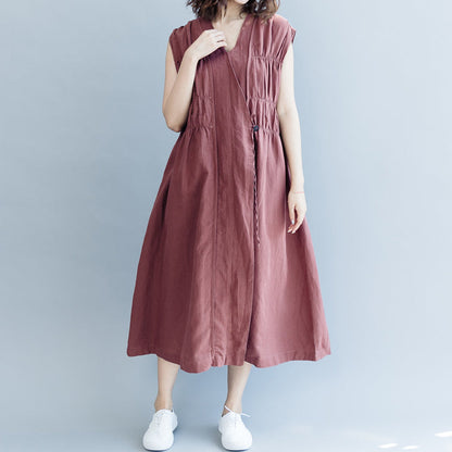Khaki Cotton Linen Dresses Loose Fitting Cotton Linen Clothing Dress New Sleeveless Cinched V Neck Baggy Dresses