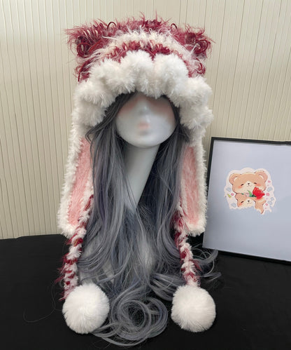 Red and White Knitted Warm Fleece Boonie Hat