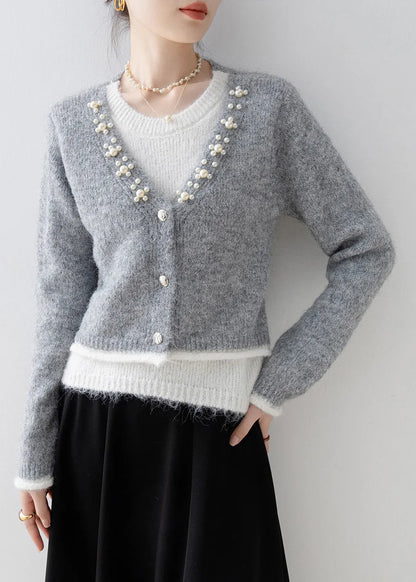 Boutique Grey Nail Bead Patchwork False Two Pieces Knit Sweaters Spring