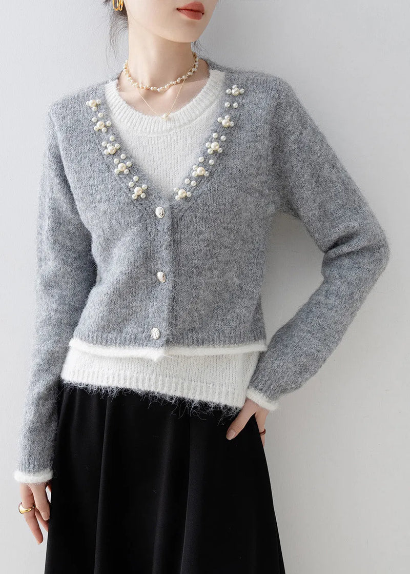 Boutique Grey Nail Bead Patchwork False Two Pieces Knit Sweaters Spring