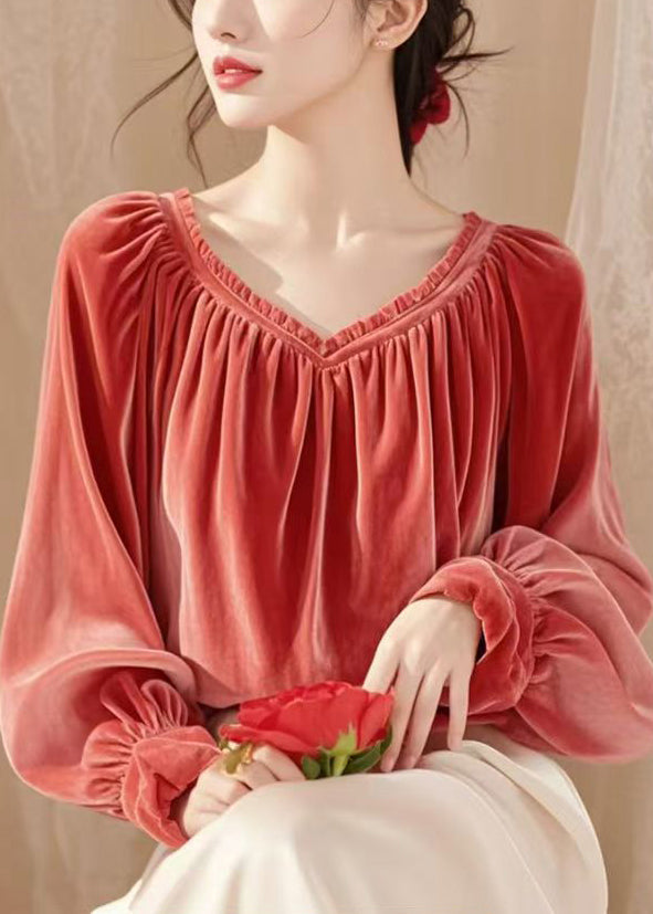 Simple Coffee V Neck Wrinkled Silk Velour Shirt Spring