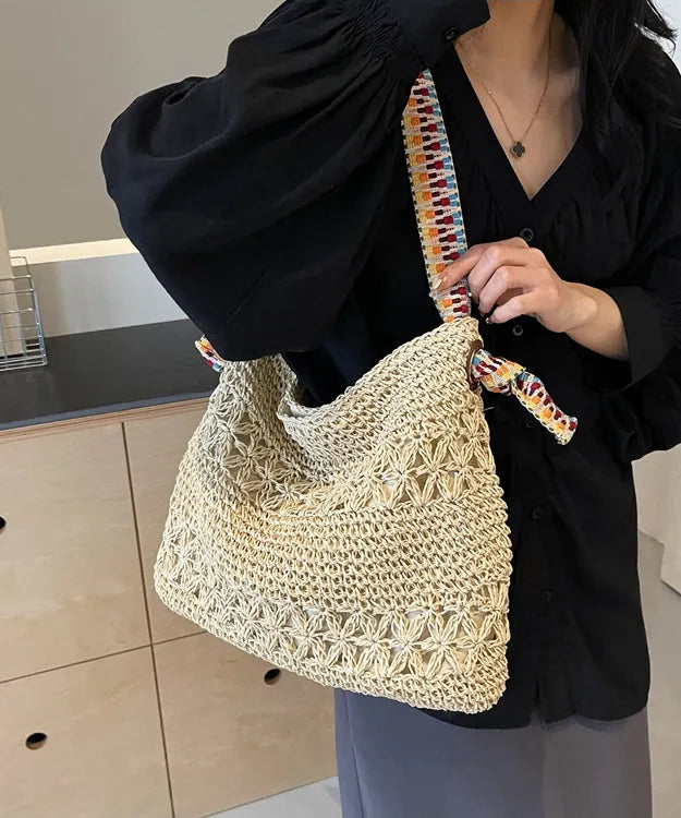 Beige Hollow Out Knit Holiday Shoulder Bags
