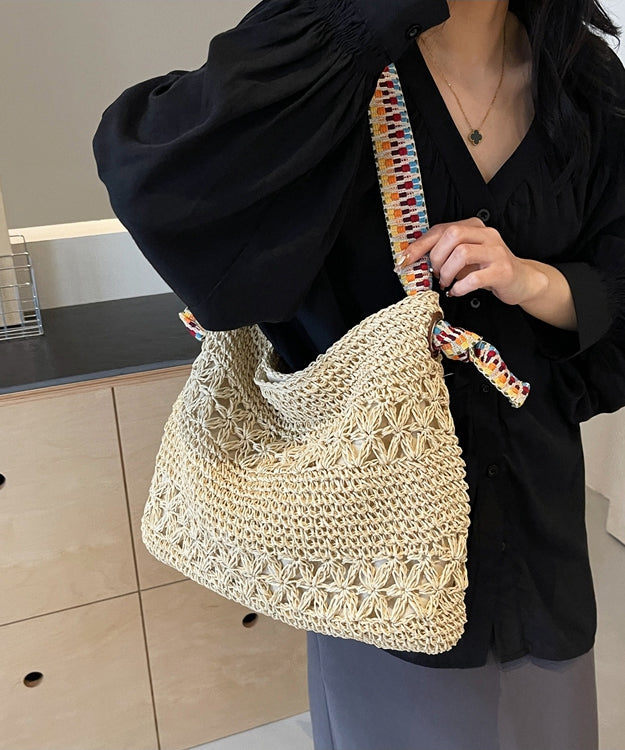 Beige Hollow Out Knit Holiday Shoulder Bags