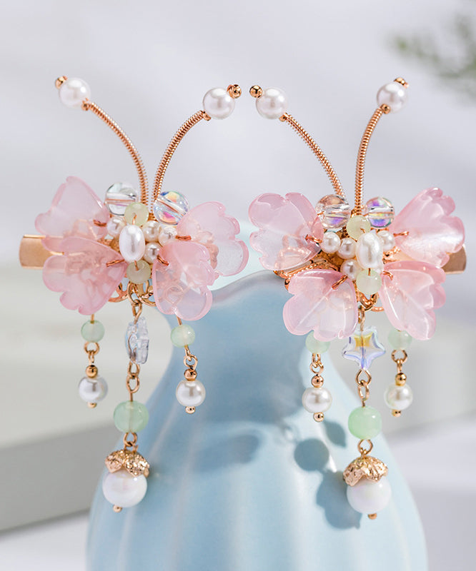 Pink Copper Alloy Pearl Butterfly Tassel Kids a Pair Hairpin