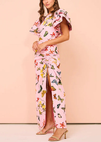 Pink Print Lace Up Side Open Cotton Dresses Butterfly Sleeve