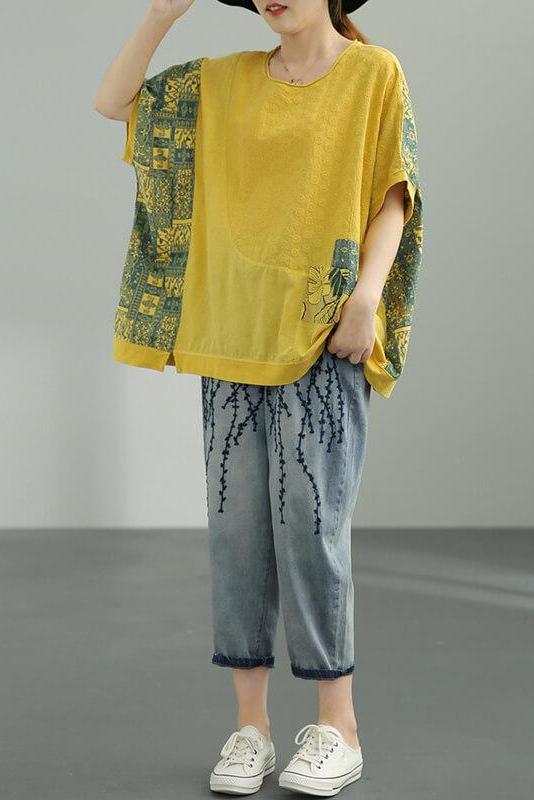 Cotton Linen Patchwork Stitching Split T-shirt