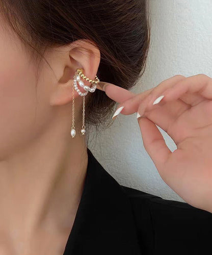 Modern Gold Alloy Pearl Chain Tassel Drop Earrings