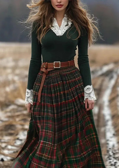 Countryside Style Plaid V-neck Patchwork Long Dress Spring