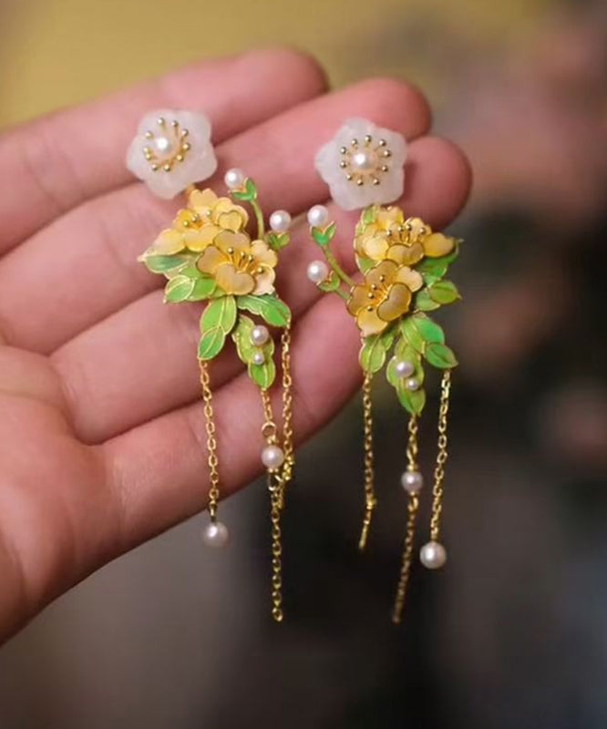 Gold Sterling Silver Overgild Jade Tassel Drop Earrings