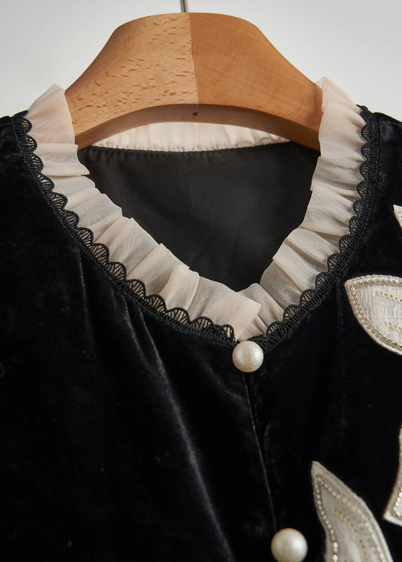 Diy Black Embroidered Organza Patchwork Silk Velour Vests Fall