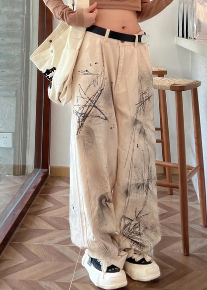 Beige High Waist Pockets Tie Dye Denim Straight Pants Fall